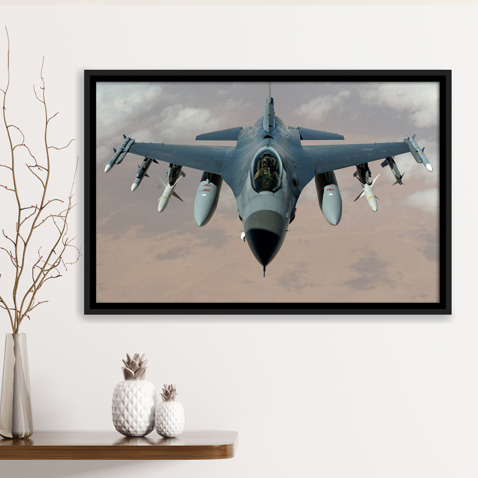 Fighter Jet Fighter Aircraft F 16 Falcon Aircraft Framed Canvas Prints Wall Art Decor - Painting Canvas, Black Framed Picture