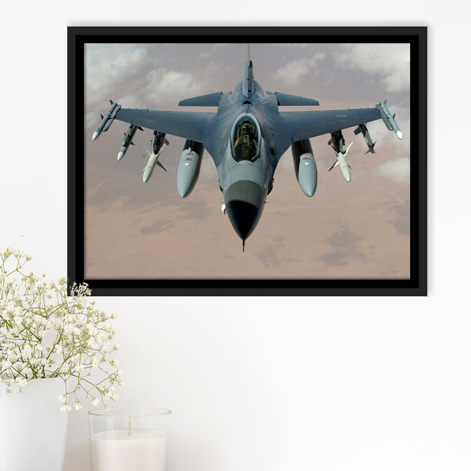 Fighter Jet Fighter Aircraft F 16 Falcon Aircraft Framed Canvas Prints Wall Art Decor - Painting Canvas, Black Framed Picture