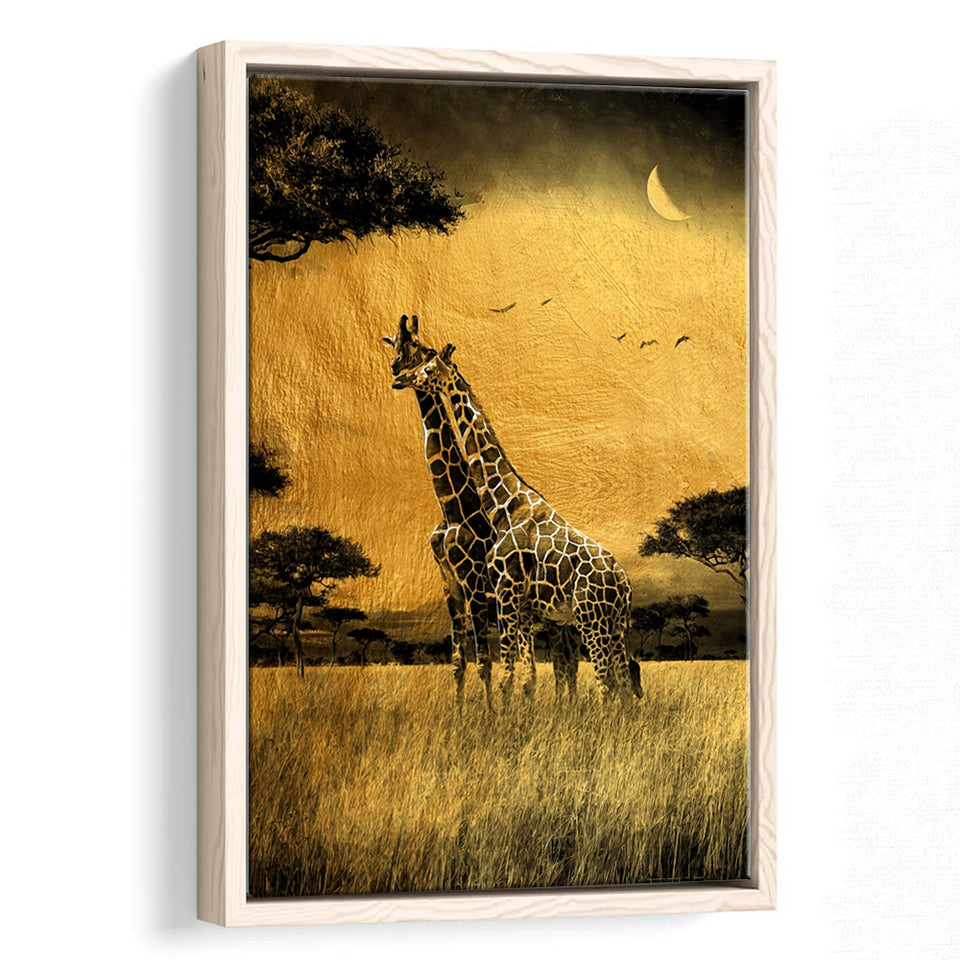 Giraffe In Forest Gray And Gold, Framed Canvas Prints Wall Art Home Decor,Floating Frame, Ready to Hang