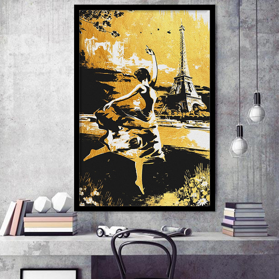 Girl Ballerina Dancing In Paris Golden Painting, Framed Art Prints Wall Art Home Decor, Ready to Hang