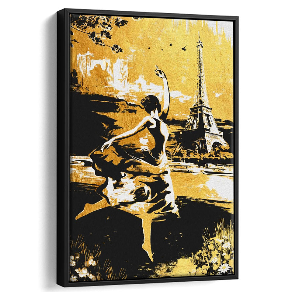 Girl Ballerina Dancing In Paris Golden Painting, Framed Canvas Prints Wall Art Home Decor,Floating Frame, Ready to Hang