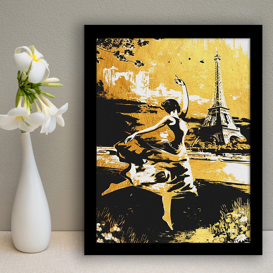 Girl Ballerina Dancing In Paris Golden Painting, Framed Art Prints Wall Art Home Decor, Ready to Hang