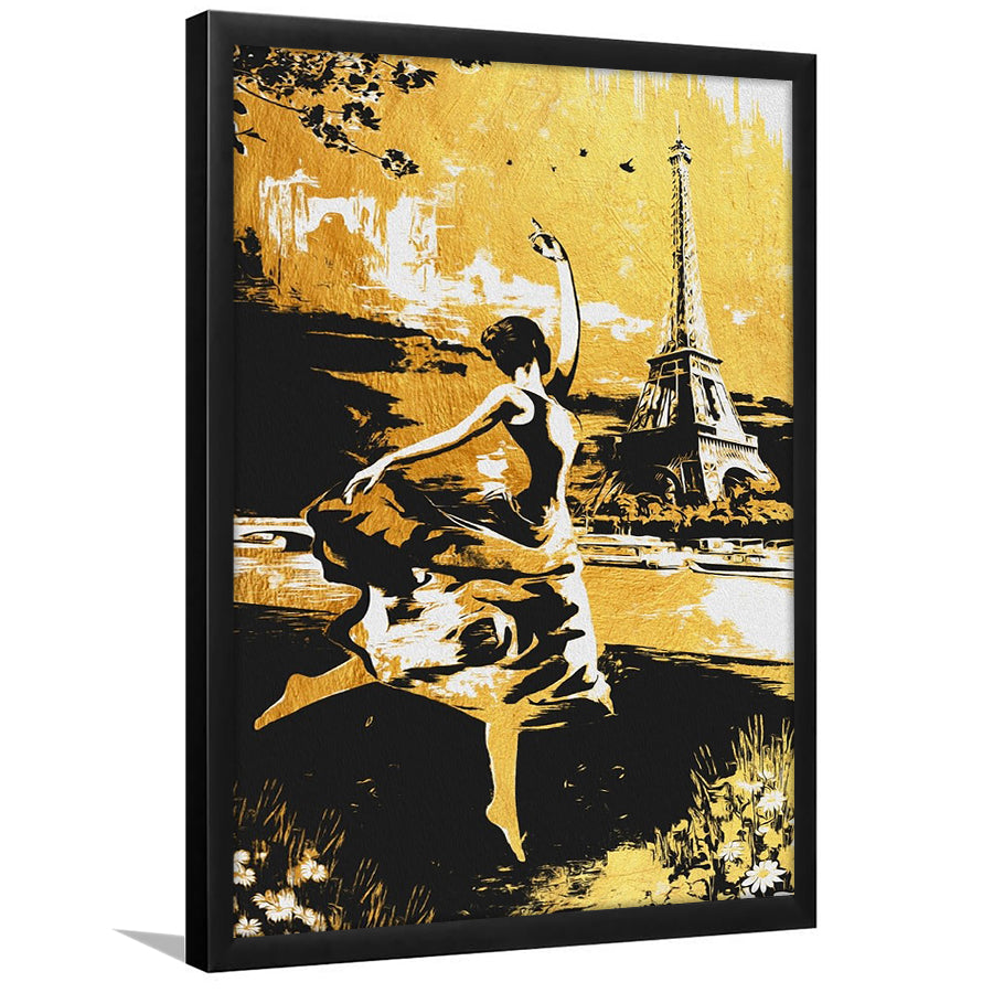 Girl Ballerina Dancing In Paris Golden Painting, Framed Art Prints Wall Art Home Decor, Ready to Hang