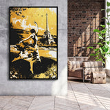 Girl Ballerina Dancing In Paris Golden Painting, Framed Canvas Prints Wall Art Home Decor,Floating Frame, Ready to Hang