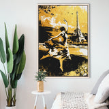 Girl Ballerina Dancing In Paris Golden Painting, Framed Canvas Prints Wall Art Home Decor,Floating Frame, Ready to Hang