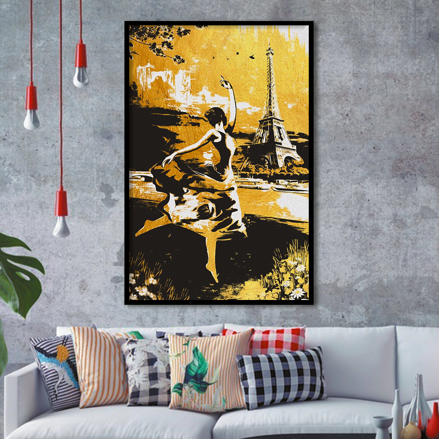 Girl Ballerina Dancing In Paris Golden Painting, Framed Art Prints Wall Art Home Decor, Ready to Hang