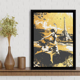 Girl Ballerina Dancing In Paris Golden Painting, Framed Canvas Prints Wall Art Home Decor,Floating Frame, Ready to Hang