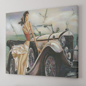 Girl Lady With A Retro White Car Looking For Ocean Canvas Wall Art - Canvas Prints, Prints For Sale, Painting Canvas,Canvas On Sale