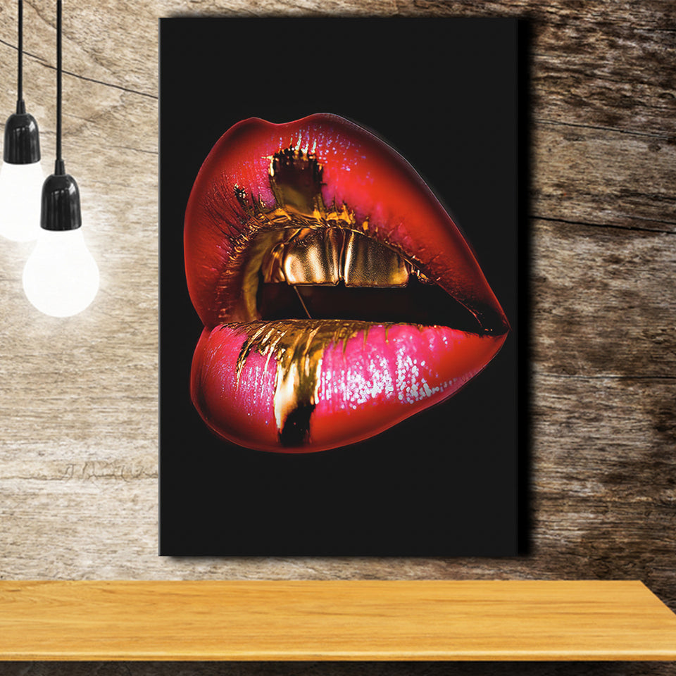 Golden Red Lips Kiss Canvas Prints Wall Art - Painting Canvas, Home Wall Decor, Prints for Sale, Painting Art