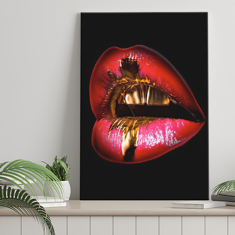 Golden Red Lips Kiss Canvas Prints Wall Art - Painting Canvas, Home Wall Decor, Prints for Sale, Painting Art