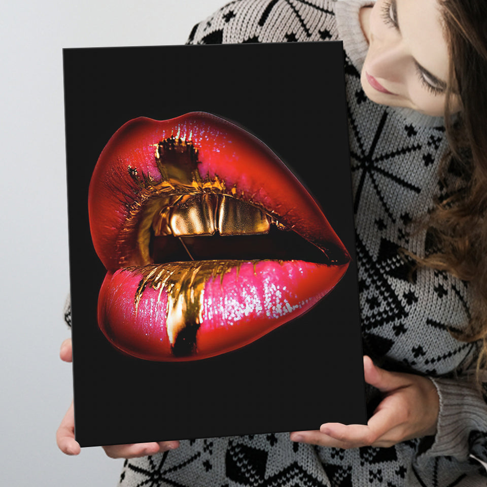 Golden Red Lips Kiss Canvas Prints Wall Art - Painting Canvas, Home Wall Decor, Prints for Sale, Painting Art