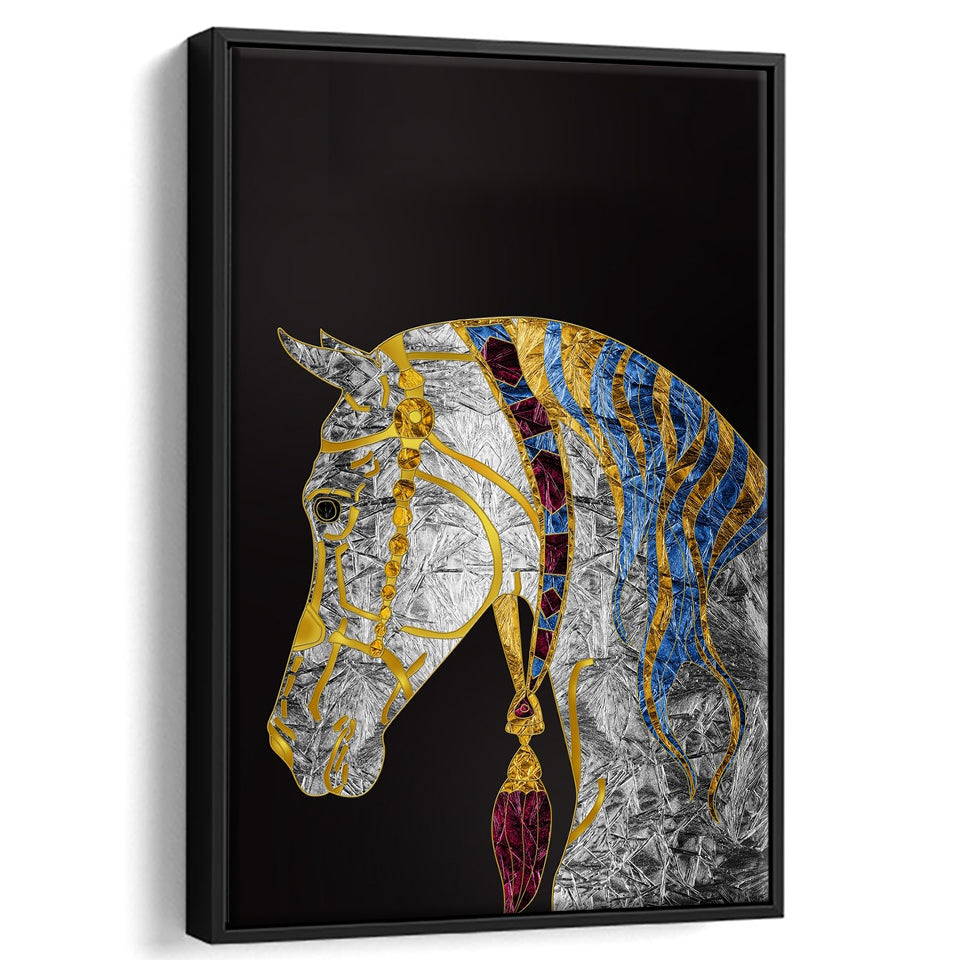 Golden Horse Crystal Abstract Artwork Framed Canvas Prints Wall Art Home Decor, Floating Frame