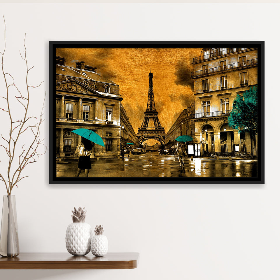 Golden Paris And Eiffel Tower, Framed Canvas Prints Wall Art Home Decor,Floating Frame, Ready to Hang