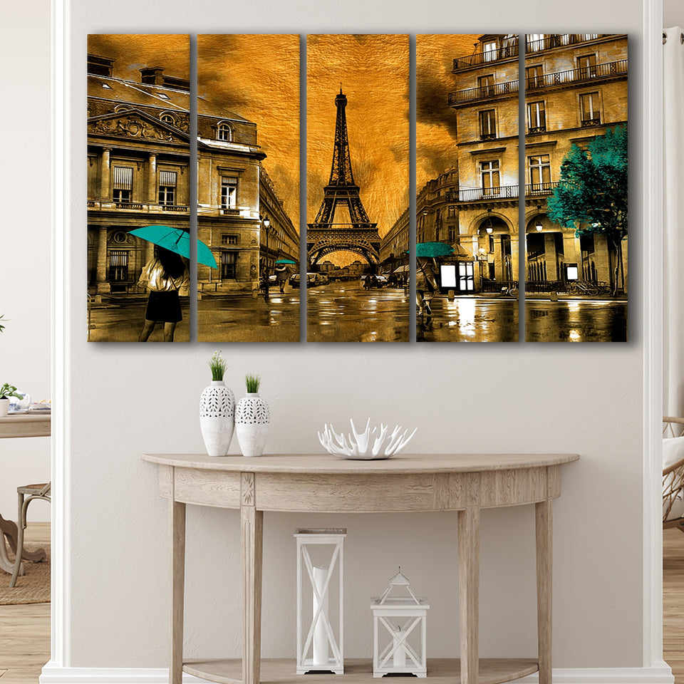 Golden Paris And Eiffel Tower, Multi Panels, 5 Pieces B, Canvas Prints Wall Art Home Decor,X Large Canvas