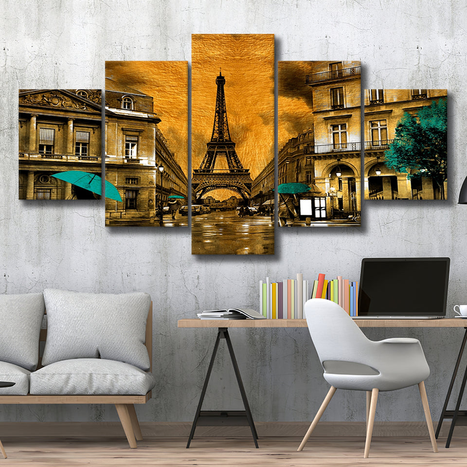 Golden Paris And Eiffel Tower, Multi Panels, 5 Pieces, Canvas Prints Wall Art Home Decor