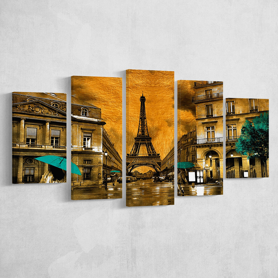 Golden Paris And Eiffel Tower, Multi Panels, 5 Pieces, Canvas Prints Wall Art Home Decor