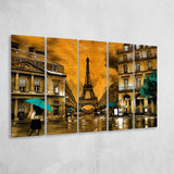 Golden Paris And Eiffel Tower, Multi Panels, 5 Pieces B, Canvas Prints Wall Art Home Decor,X Large Canvas
