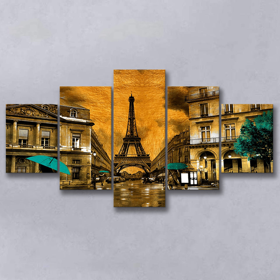 Golden Paris And Eiffel Tower, Multi Panels, 5 Pieces, Canvas Prints Wall Art Home Decor
