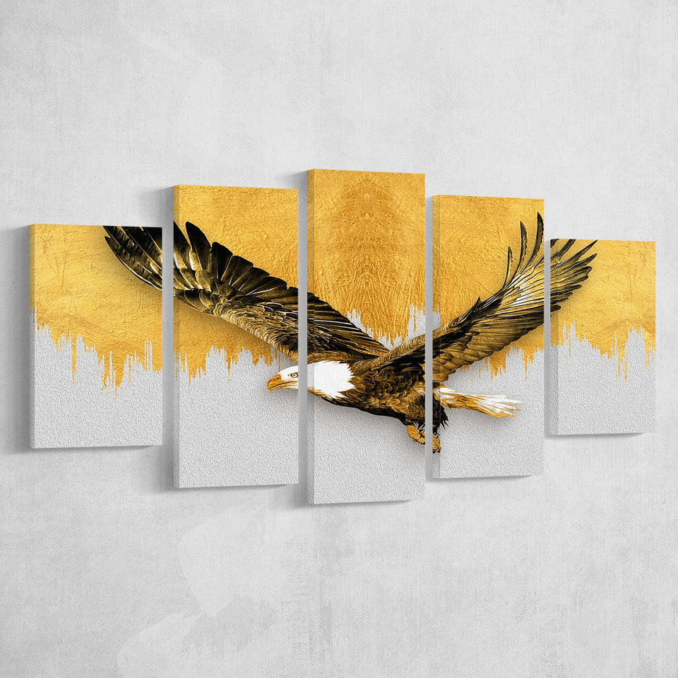 Golden Eagle Flying Grey And Gold Background, Multi Panels, 5 Pieces, Canvas Prints Wall Art Home Decor