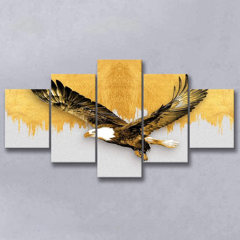Golden Eagle Flying Grey And Gold Background, Multi Panels, 5 Pieces, Canvas Prints Wall Art Home Decor