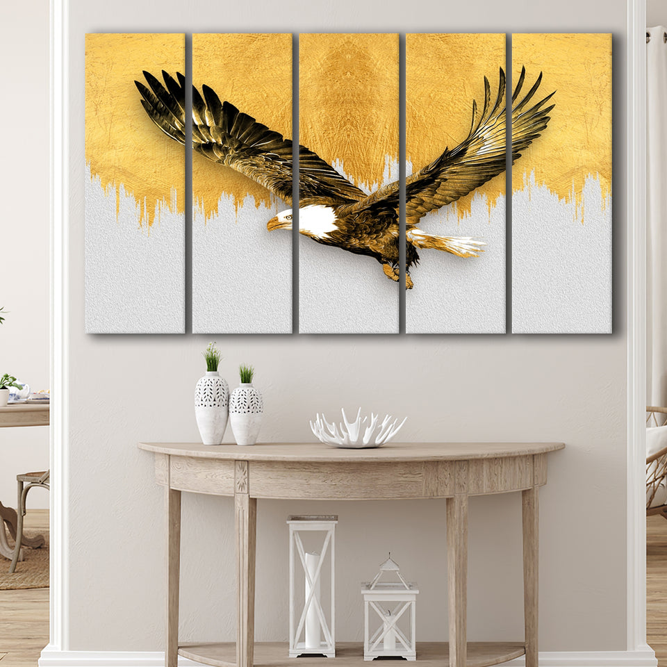 Golden Eagle Flying Grey And Gold Background, Multi Panels, 5 Pieces B, Canvas Prints Wall Art Home Decor,X Large Canvas