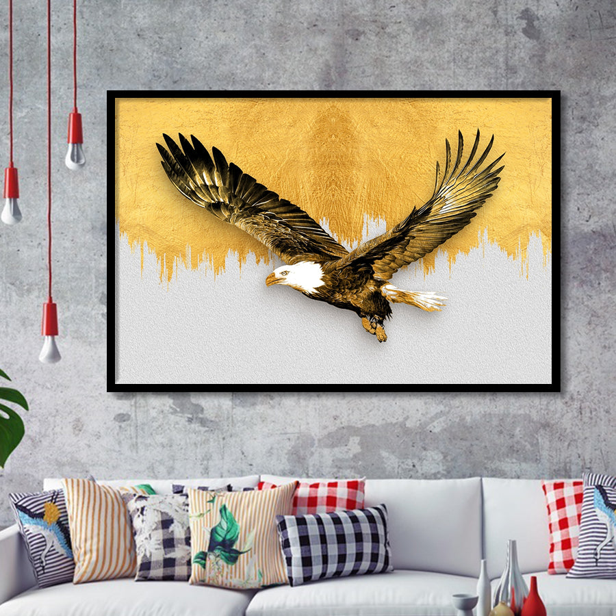 Golden Eagle Flying Grey And Gold Background, Framed Art Prints Wall Art Home Decor, Ready to Hang