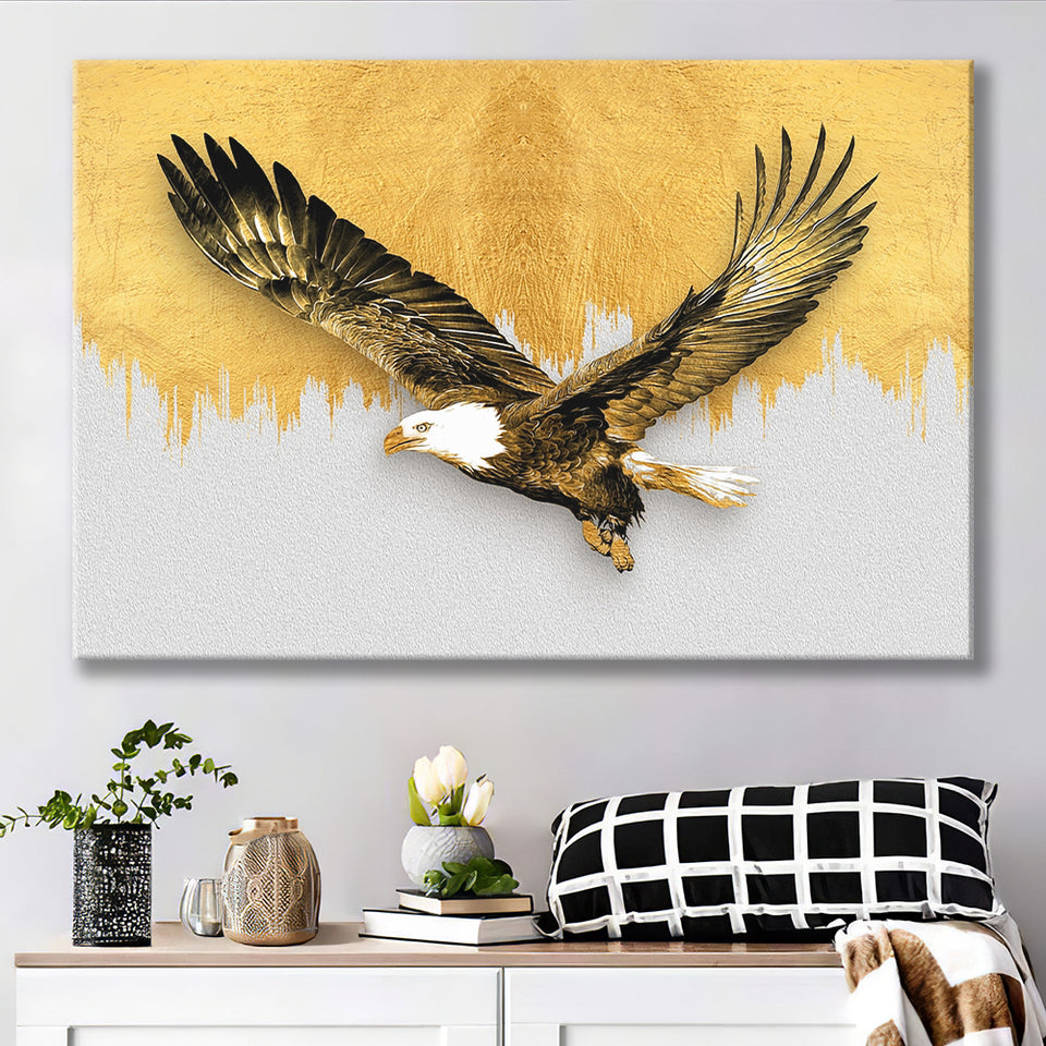 Golden Eagle Flying Grey And Gold Background, Canvas Prints Wall Art Home Decor