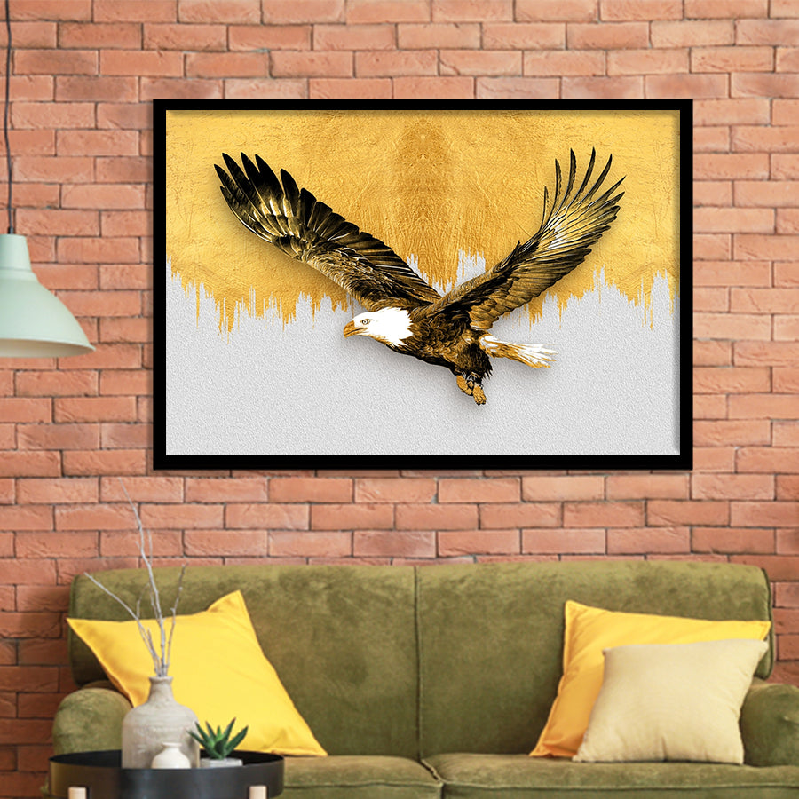 Golden Eagle Flying Grey And Gold Background, Framed Art Prints Wall Art Home Decor, Ready to Hang