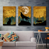Golden Modern Painting Of 3 Wolf In Forest Set of 3 Piece Canvas Prints Wall Art Decor