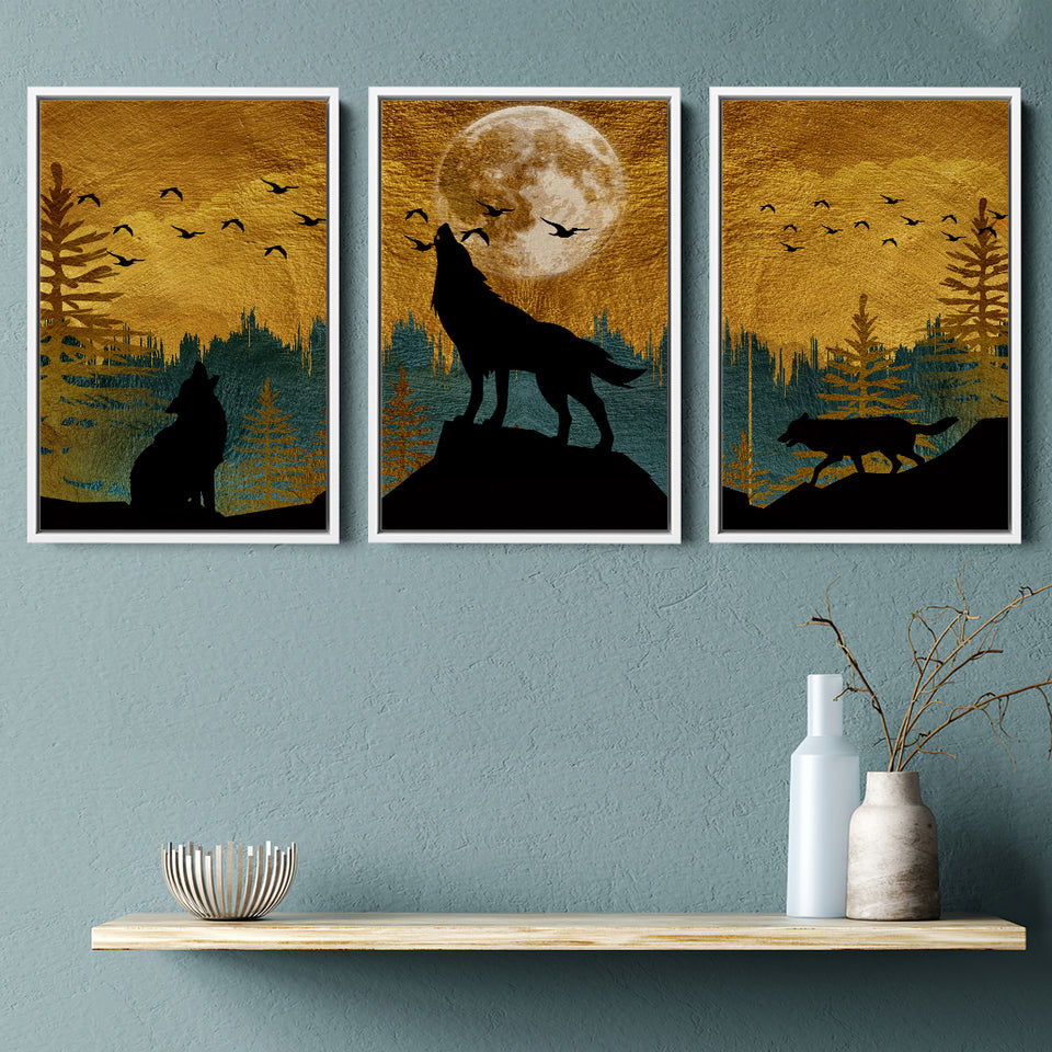 Golden Modern Painting Of 3 Wolf In Forest Set of 3 Piece Framed Canvas Prints Wall Art Decor