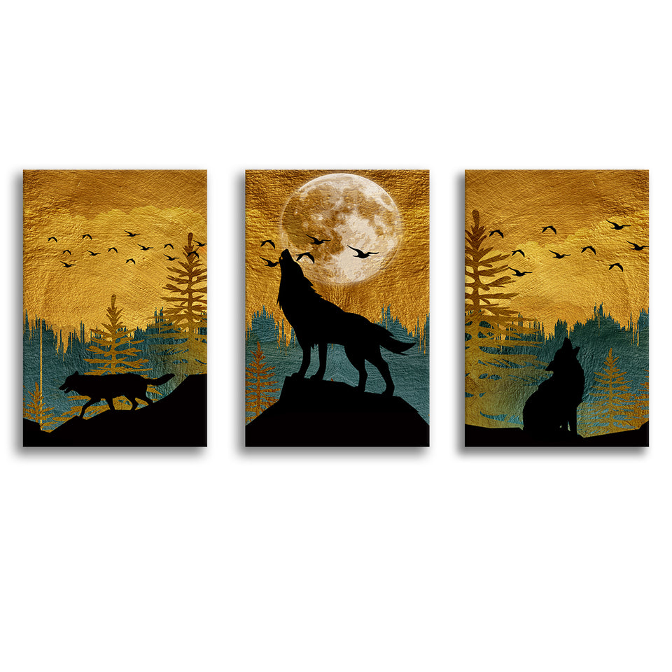 Golden Modern Painting Of 3 Wolf In Forest Set of 3 Piece Canvas Prints Wall Art Decor