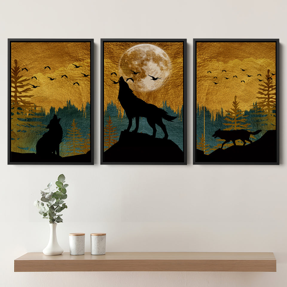 Golden Modern Painting Of 3 Wolf In Forest Set of 3 Piece Framed Canvas Prints Wall Art Decor