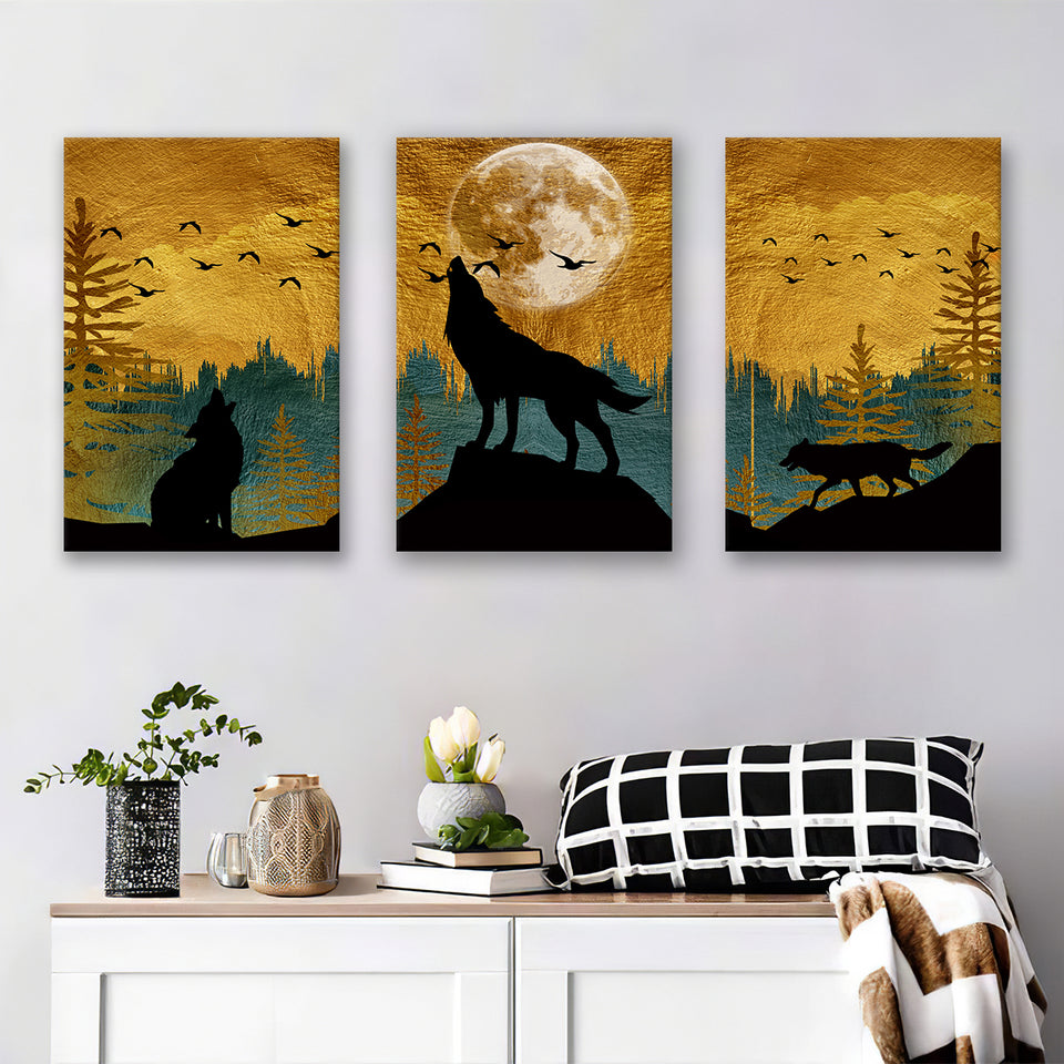 Golden Modern Painting Of 3 Wolf In Forest Set of 3 Piece Canvas Prints Wall Art Decor