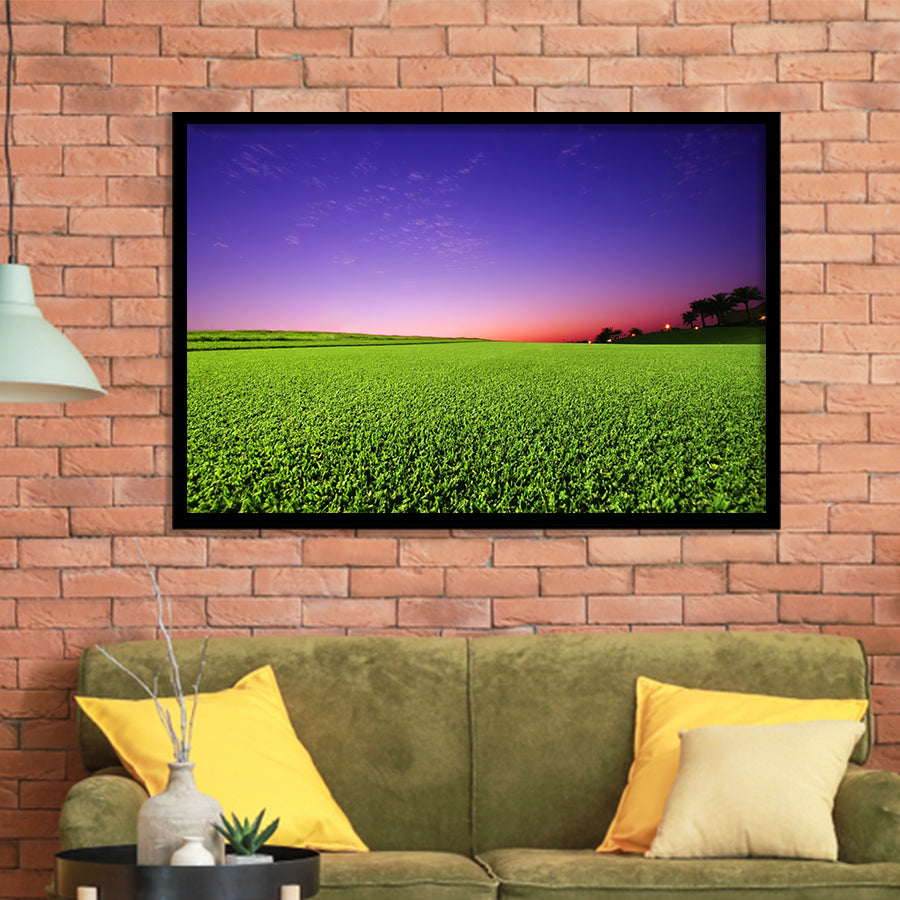 Golf Course Grass  Purple Sunset Framed Art Prints Wall Art Decor - Painting Prints, Framed Picture