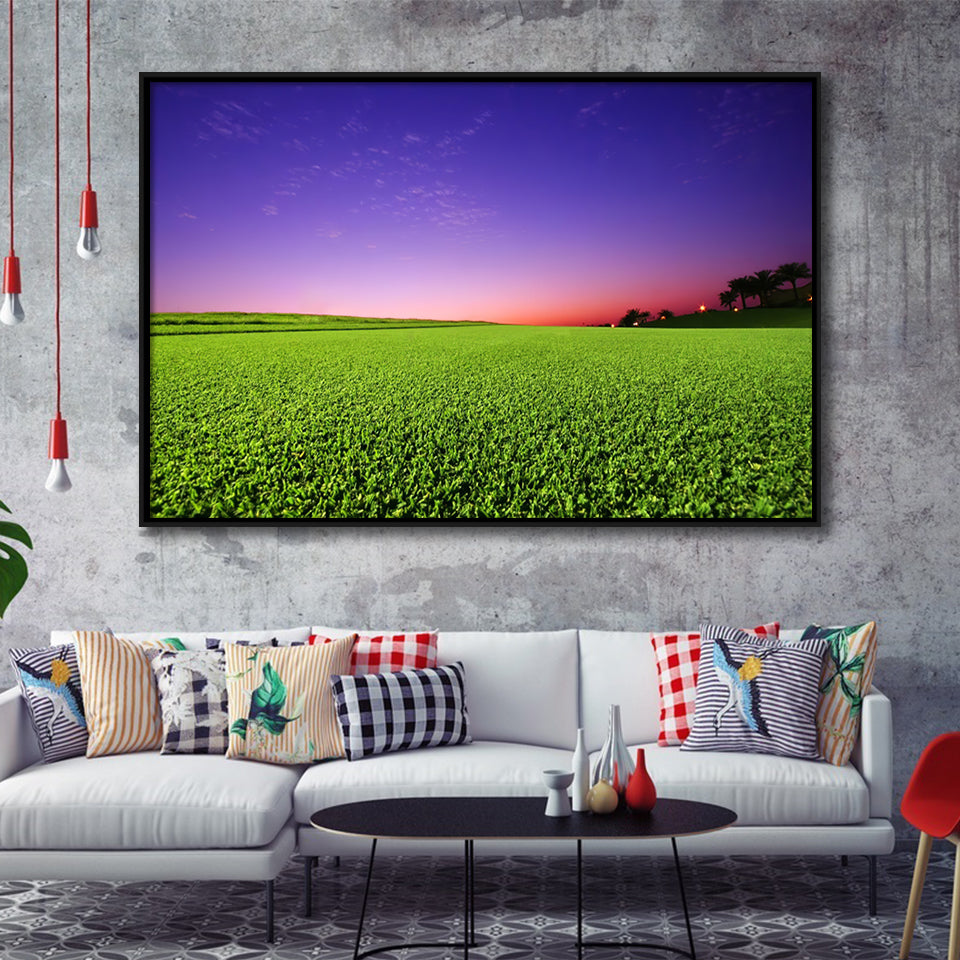 Golf Course Grass  Purple Sunset Framed Canvas Prints Wall Art - Painting Canvas, Floating Frame, Wall Decor