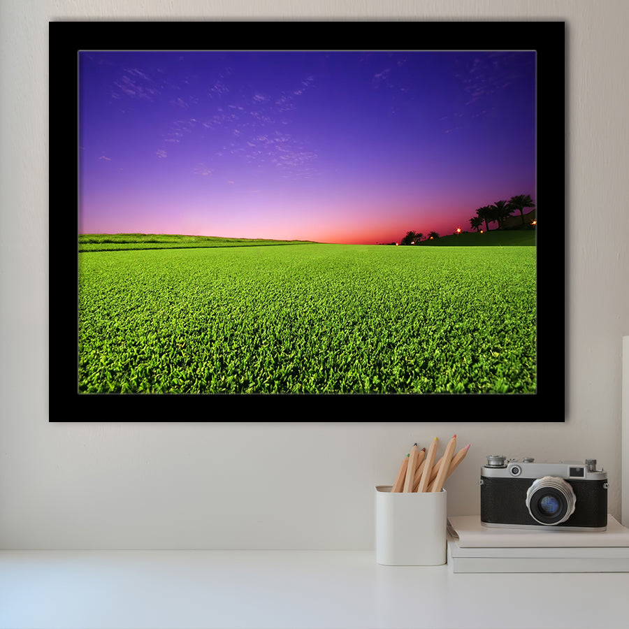 Golf Course Grass  Purple Sunset Framed Art Prints Wall Art Decor - Painting Prints, Framed Picture