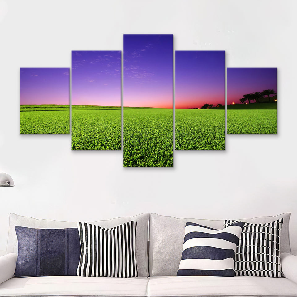 Golf Course Grass  Purple Sunset 5 Pieces Canvas Prints Wall Art - Painting Canvas, Multi Panel