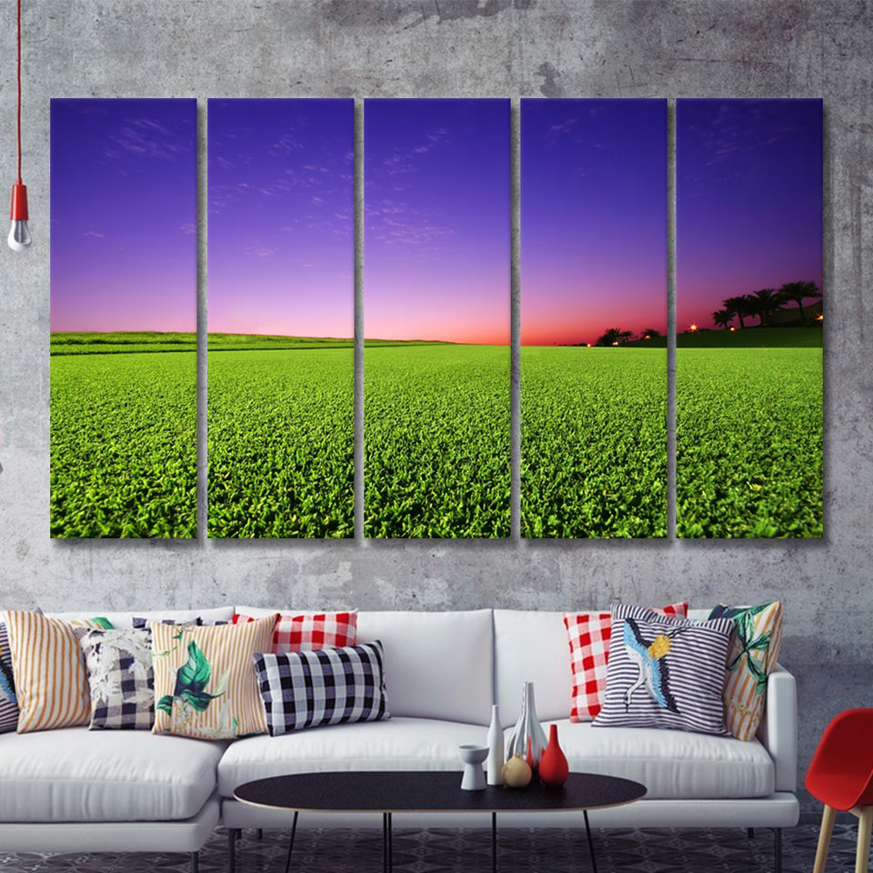Golf Course Grass  Purple Sunset 5 Pieces B Canvas Prints Wall Art - Painting Canvas, Multi Panel