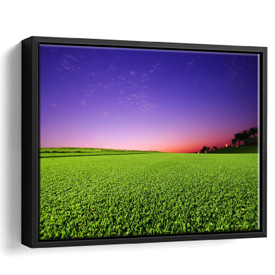 Golf Course Grass  Purple Sunset Framed Canvas Prints Wall Art - Painting Canvas, Floating Frame, Wall Decor