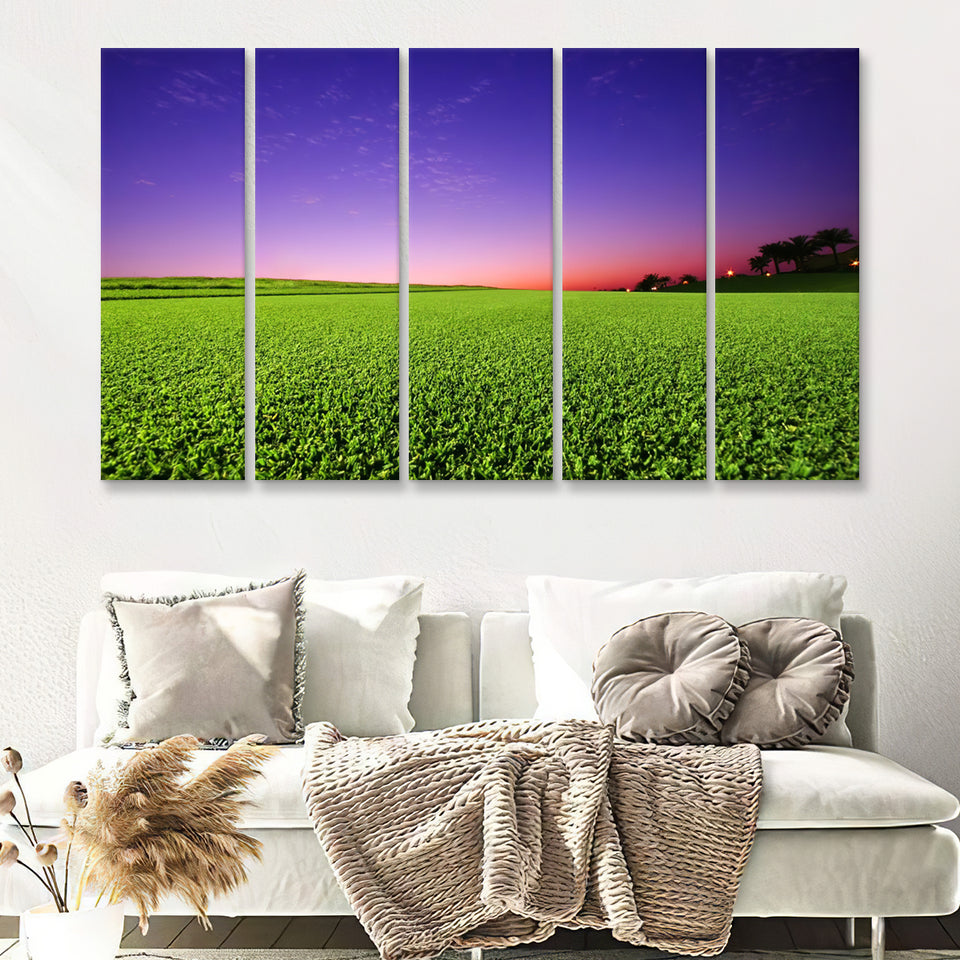 Golf Course Grass  Purple Sunset 5 Pieces B Canvas Prints Wall Art - Painting Canvas, Multi Panel