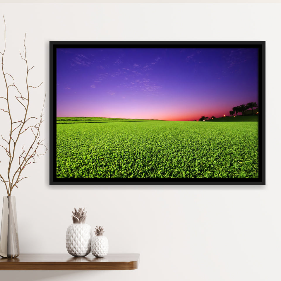 Golf Course Grass  Purple Sunset Framed Canvas Prints Wall Art - Painting Canvas, Floating Frame, Wall Decor