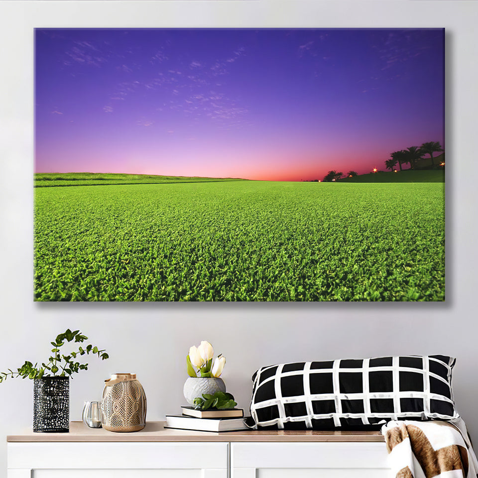 Golf Course Grass  Purple Sunset Canvas Prints Wall Art - Painting Canvas, Art Prints, Wall Decor