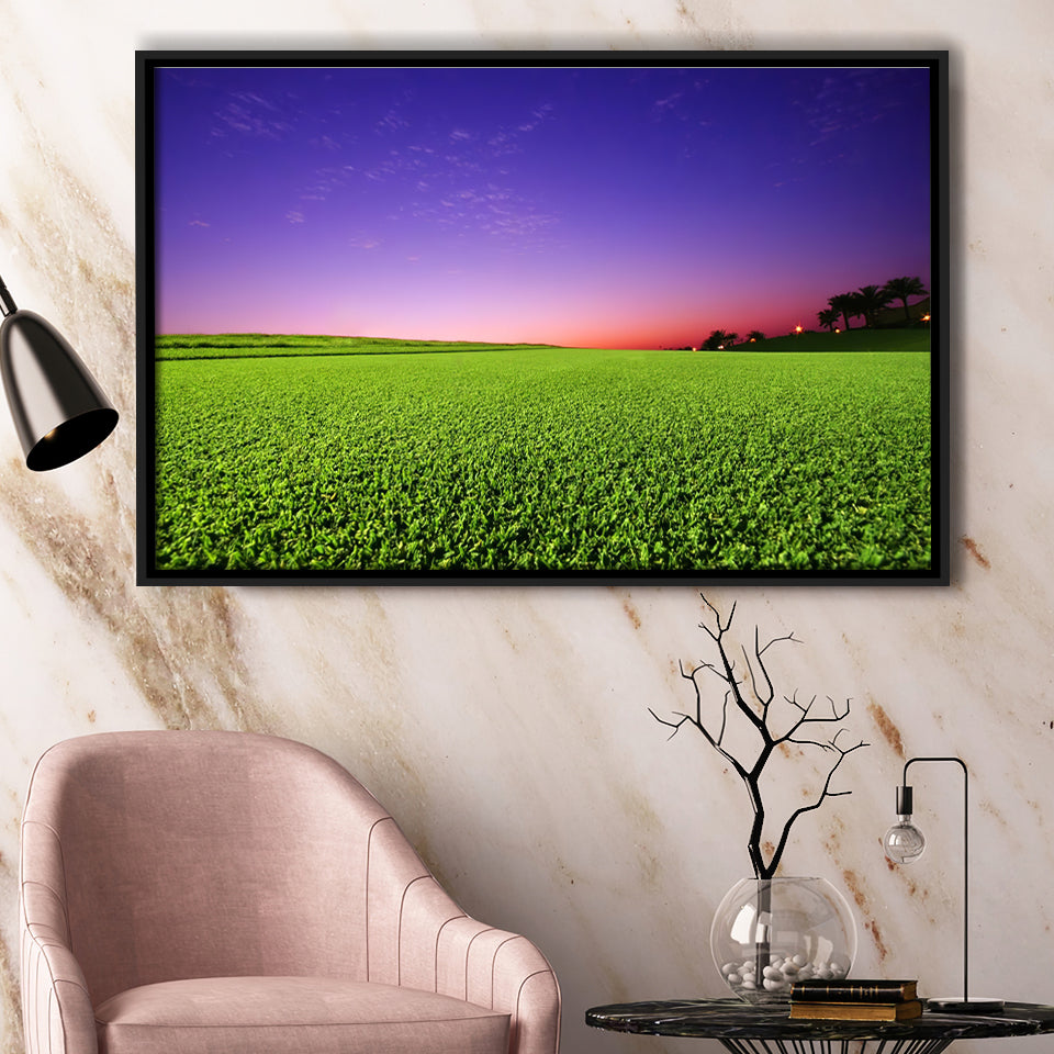 Golf Course Grass  Purple Sunset Framed Canvas Prints Wall Art - Painting Canvas, Floating Frame, Wall Decor