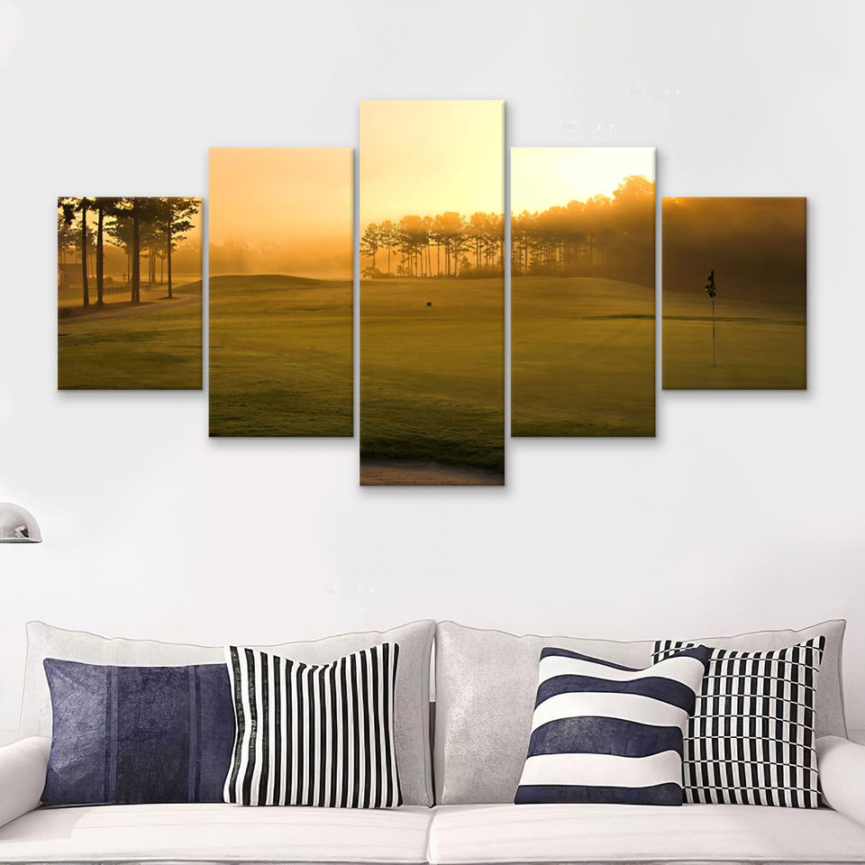 Golf Course In The Fog 5 Pieces Canvas Prints Wall Art - Painting Canvas, Multi Panel