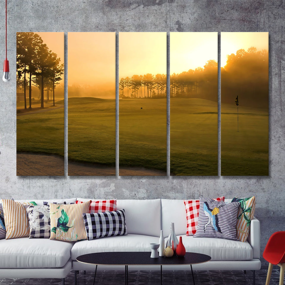 Golf Course In The Fog 5 Pieces B Canvas Prints Wall Art - Painting Canvas, Multi Panel