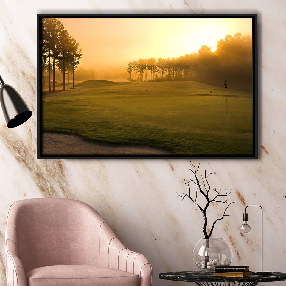 Golf Course In The Fog Framed Canvas Prints Wall Art - Painting Canvas, Floating Frame, Wall Decor