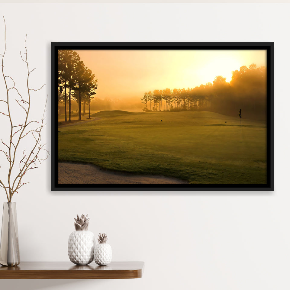 Golf Course In The Fog Framed Canvas Prints Wall Art - Painting Canvas, Floating Frame, Wall Decor