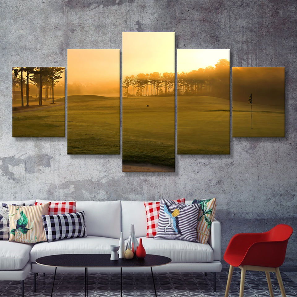 Golf Course In The Fog 5 Pieces Canvas Prints Wall Art - Painting Canvas, Multi Panel