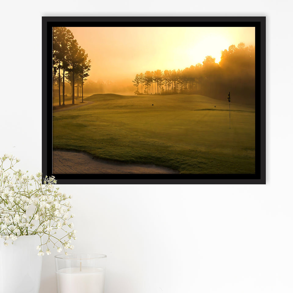 Golf Course In The Fog Framed Canvas Prints Wall Art - Painting Canvas, Floating Frame, Wall Decor