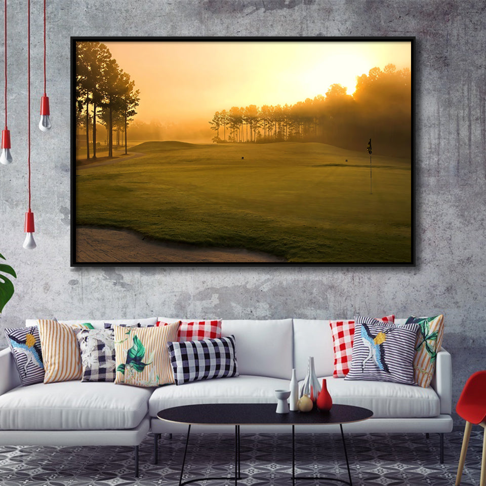 Golf Course In The Fog Framed Canvas Prints Wall Art - Painting Canvas, Floating Frame, Wall Decor